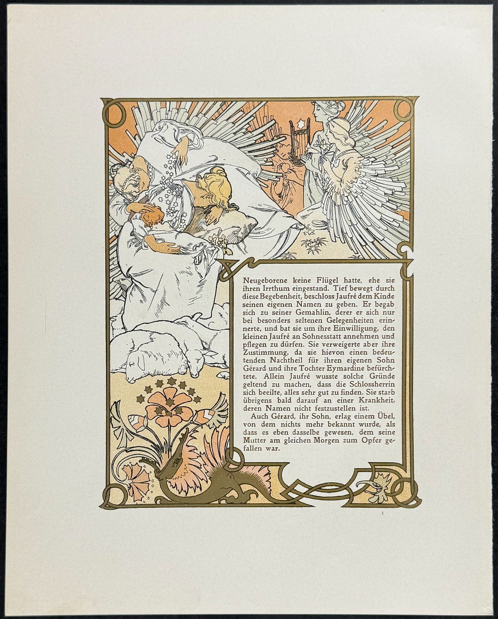 Mucha - Ornately Illustrated Page with Image and Text to each side: This attractive color lithograph is by Alphonse Mucha as part of the work by Robert de Flers entitled Ilsee, Princess of Tripoli or Prinzessin von Tripolis. The work was published in Prague by B. Koci