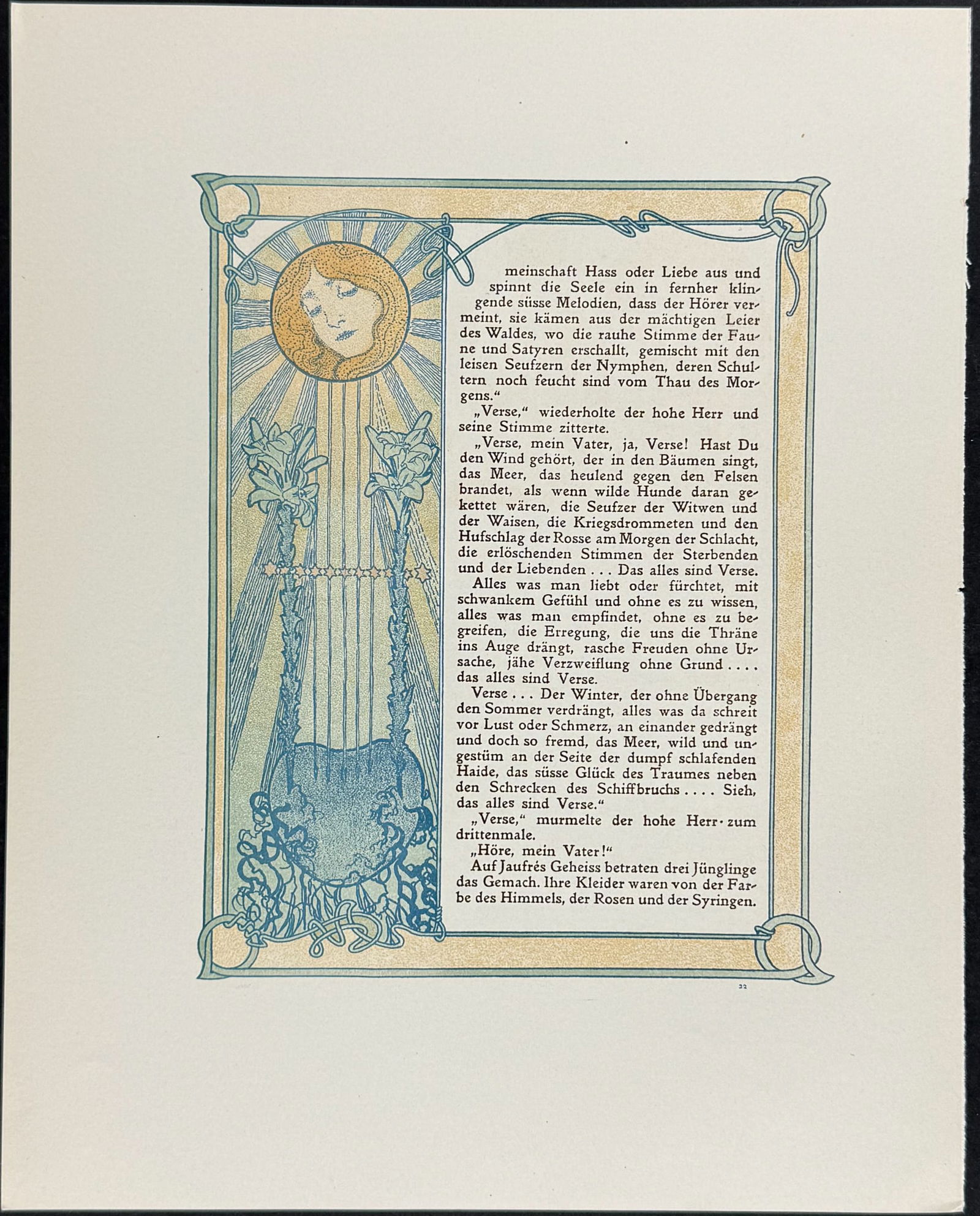 Mucha - Ornately Illustrated Page with Image and Text to each side: This attractive color lithograph is by Alphonse Mucha as part of the work by Robert de Flers entitled Ilsee, Princess of Tripoli or Prinzessin von Tripolis. The work was published in Prague by B. Koci