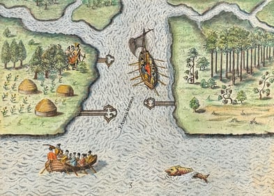 De Bry - Florida - Leaving. the May River, the French discover two other rivers (Sea Monster)