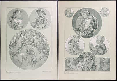 Mucha, Folio - Pair of Lithgoraphs of Illustrations of Young Women
