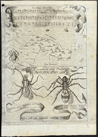 Kircher, pub. 1641 - Tarantula with Music Notes and Map of Apulia, Italy. 763