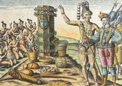 De Bry - Florida - Native Americans worship at a column decorated with the French royal coat of