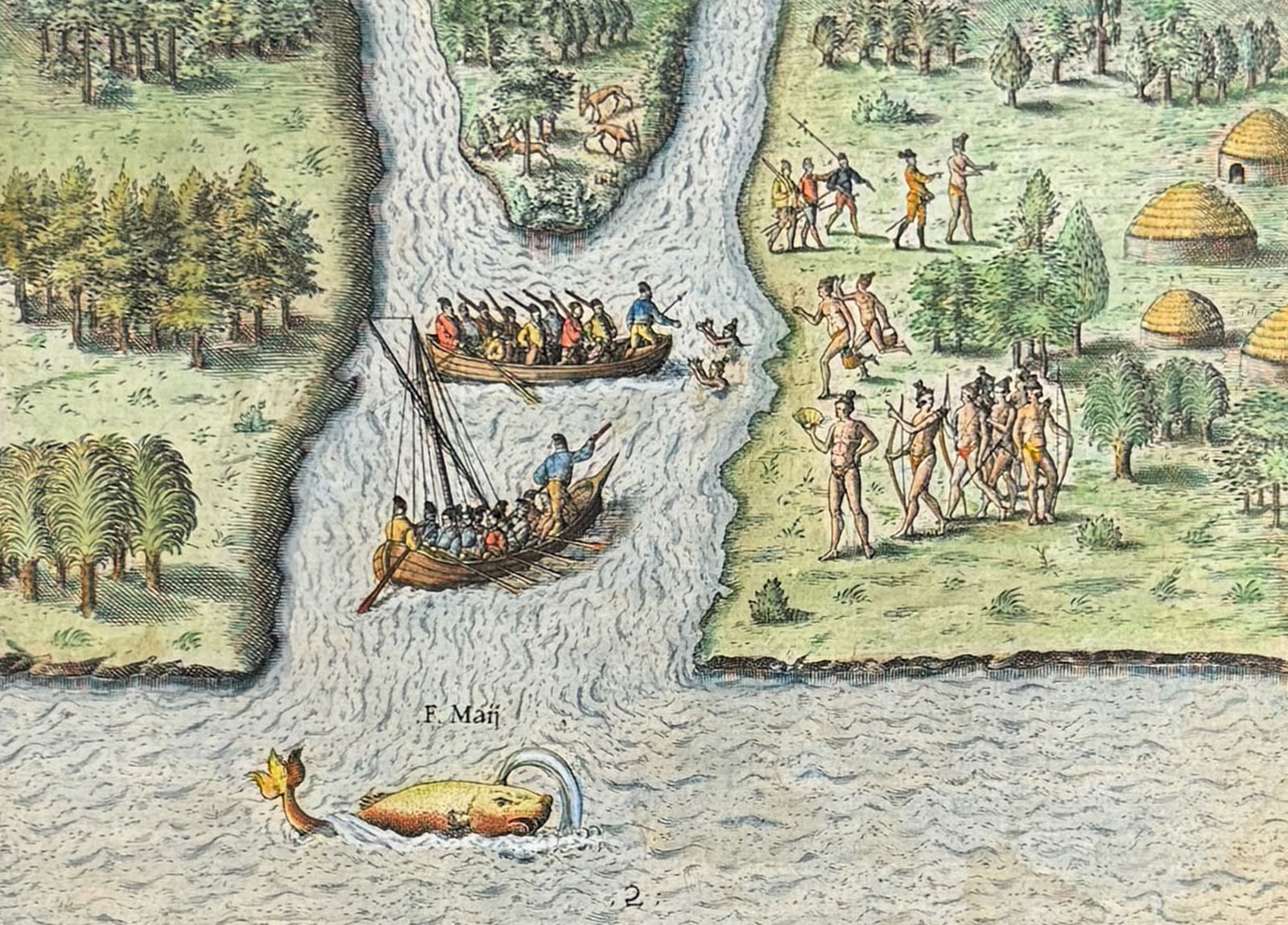 De Bry - Florida - The French sail to the May river (whale): This significant, historic engraving is from Theodor de Bry & Jacques Le Moyne's Brevis Narratio eorum quae in florida Americae provi[n]cia Gallis acciderunt ... quae est seconda pars Americae. It is