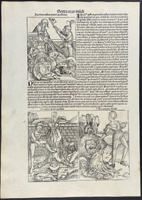 Schedel, pub. 1493 - Persecution of the Apostles including Jacob, Upside Down Crucifixion of Peter,