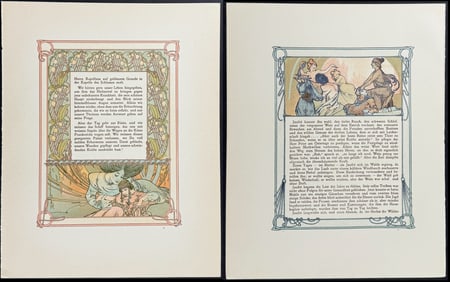 Mucha - Pair of Ornately Illustrated Pages with Image and Text to each side
