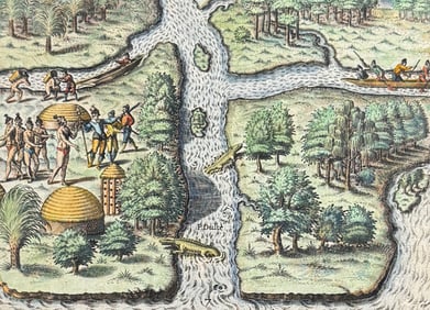 De Bry - Florida - The French left in Fort Charles suffer from scarcity of provisions (Crocodiles or
