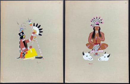 Kiowa Indian Art - Group of 4 Mopope and Hokeah Pochoir Plates