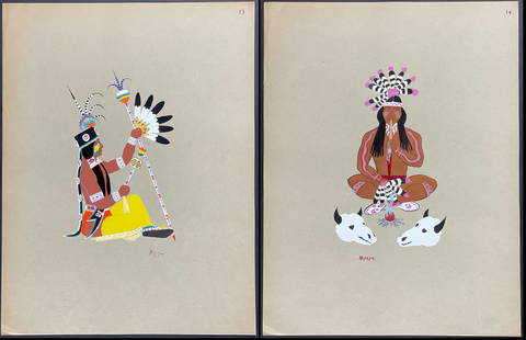 Kiowa Indian Art - Group of 4 Mopope and Hokeah Pochoir Plates: This colorful piece of Native American history is from Kiowa Indian Art. Watercolor Paintings in color by the Indians of Oklahoma. The work was published in Nice by C. Szwedzicki in 1929. This first e
