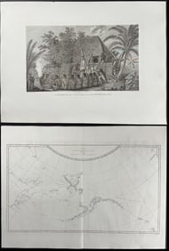 Captain Cook - Pair of Engravings: Offering to Cook in Hawaii & Chart of NW America