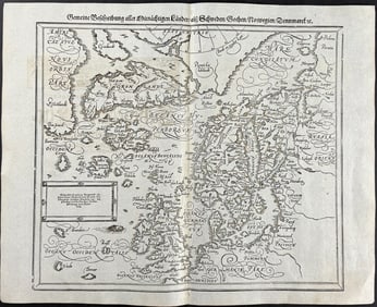 Munster, pub. 1598 - Map of the North Sea with Northern Europe, Greenland, Iceland, part of America