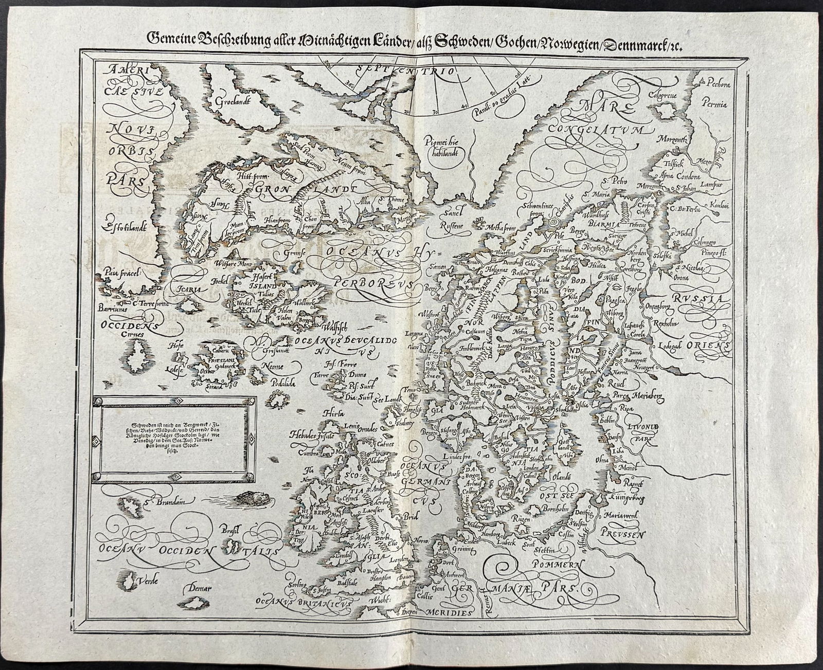 Munster, pub. 1598 - Map of the North Sea with Northern Europe, Greenland, Iceland, part of America (1 of 2)