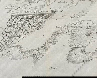 Hevelius - Constellation Chart: Sextans Uraniae, Hydra: This rare first edition engraving is from Johannes Hevelius's Prodromus Astronomiae, exhibens fundamenta, quae tam ad novum plane & correctiorem stellarum fixarum catalogum construendum. The work was