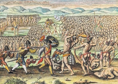 De Bry - Florida - Outina, supported by the French, gains a victory over his enemy Potanou