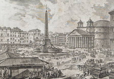 Piranesi - The Piazza della Rotonda, with the Pantheon and Obelisk: This extraordinary large folio etching is from Giovanni Battista Piranesi's Vedute di Roma. The work was printed in Rome between 1760-1790s. The etchings are on laid paper. We were able to note two wa