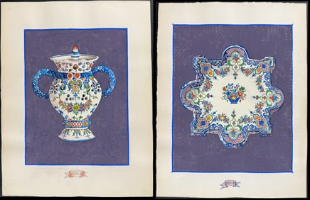 Four Original Watercolors of French Porcelain Home Designs