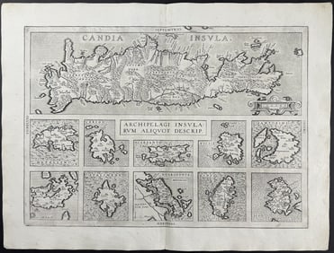 Ortelius, pub. 1613 - Map of Greek Islands: Crete, Metellino, Cerigo, Scarpanto, Nicsia, Santorini,