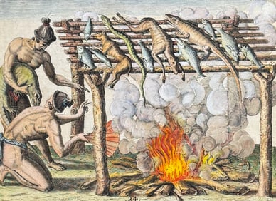 De Bry - Florida - Mode of drying fish, wild animals and other provisions