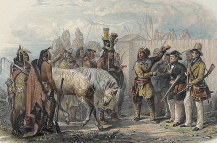 Karl Bodmer - The Travellers Meeting with Minatarre Indians near Fort Clark (Bodmer is shown in the