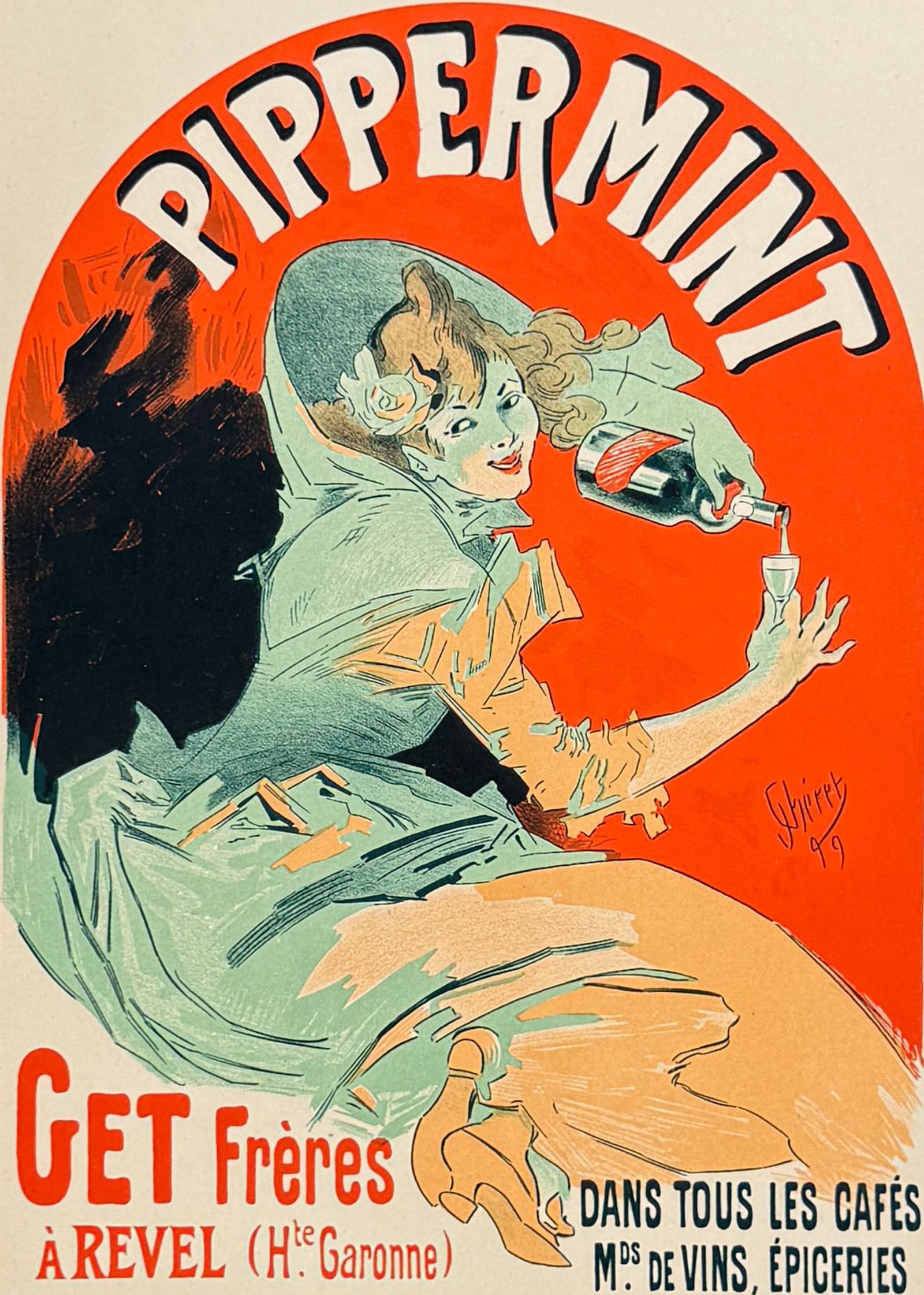 Maitres Affiches by Cheret - Pippermint: This first edition, folio lithograph after a poster is from Les Maitres de l'Affiche. The work was published by Imprimerie Chaix under the direction of Jules Cheret in Paris between 1896 and 1900. The