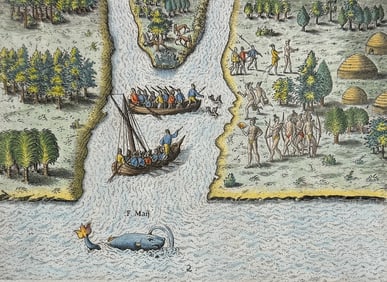 De Bry - Florida - The French sail to the May River (whale)