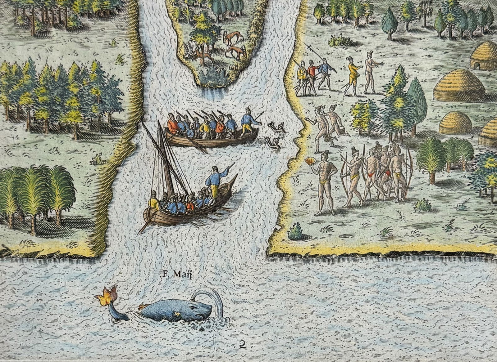 De Bry - Florida - The French sail to the May River (whale): This significant, historic engraving is from Theodor de Bry & Jacques Le Moyne's Brevis Narratio eorum quae in florida Americae provi[n]cia Gallis acciderunt ... quae est seconda pars Americae. It is