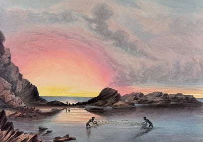 Angas, Australia - Coast Scene near Rapid Bay, Sunset, Natives Fishing with Nets