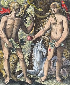 Merian - Adam and Eve in the Garden with Apple, Unicorn, Parrot, Lion. 125
