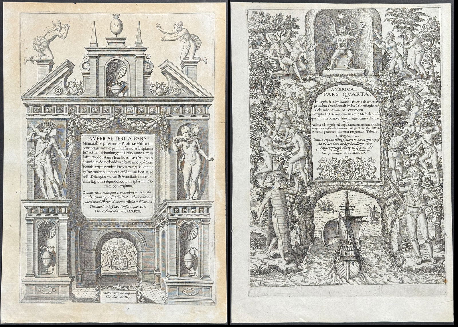 De Bry - 7 Engravings (3 Frontispieces, 3 Shields, and Portrait of Christopher Columbus) (1 of 8)