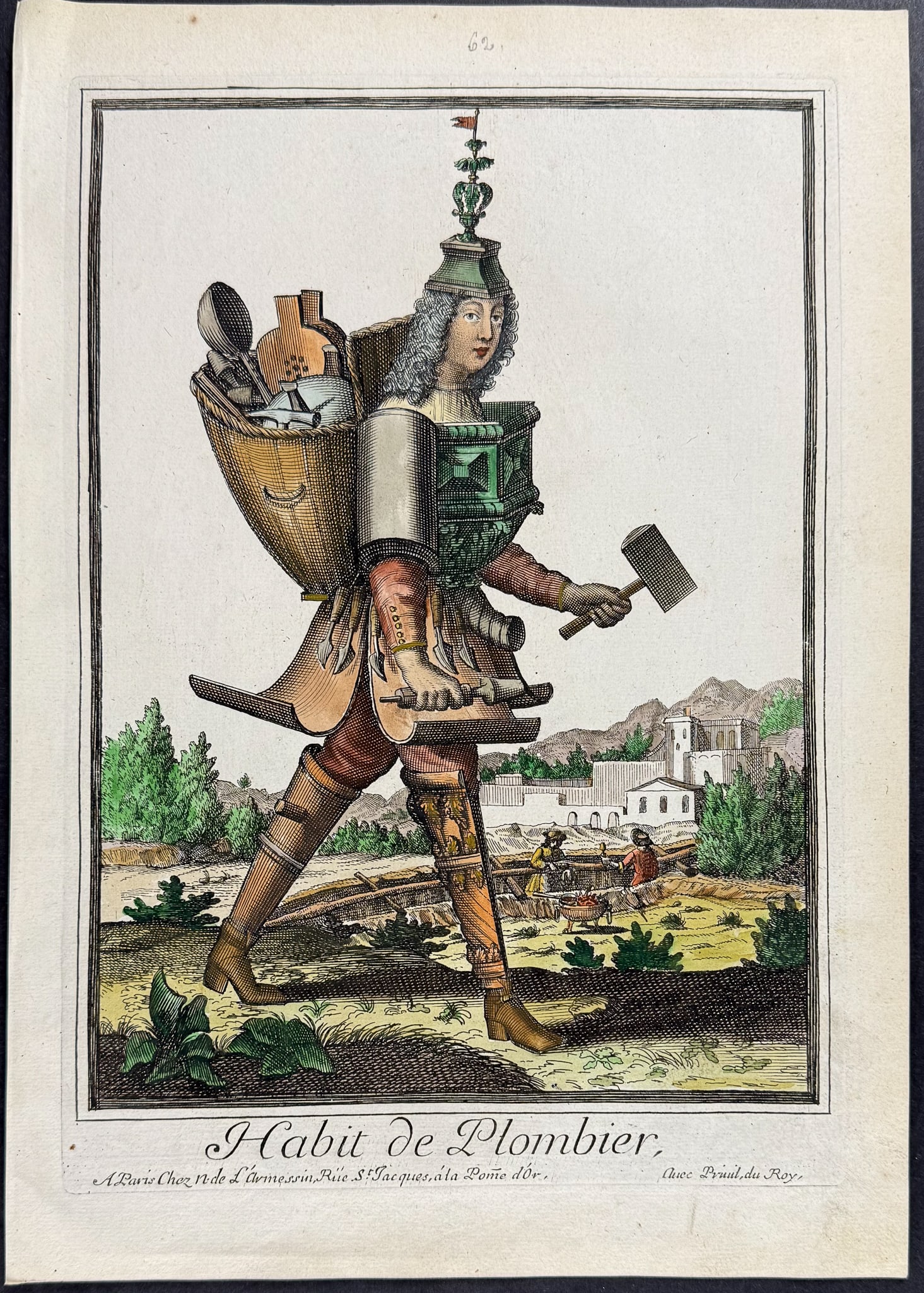 Larmessin - Plumber Costume - Habit de Plombier: This amusing costume engraving is from Nicolas Ier de Larmessin's Les Costumes grotesques et les m?tiers or Suite of Fanciful Costumes. The work was published in Paris circa 1690. Most of the engravin