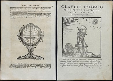 Ziletti's Ptolemy, pub. 1574 - Pair of Engravings: Frontispiece with Man Observing Stars & Globe