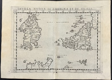 Ziletti's Ptolemy, pub. 1574 - Map of Sardinia & Sicily