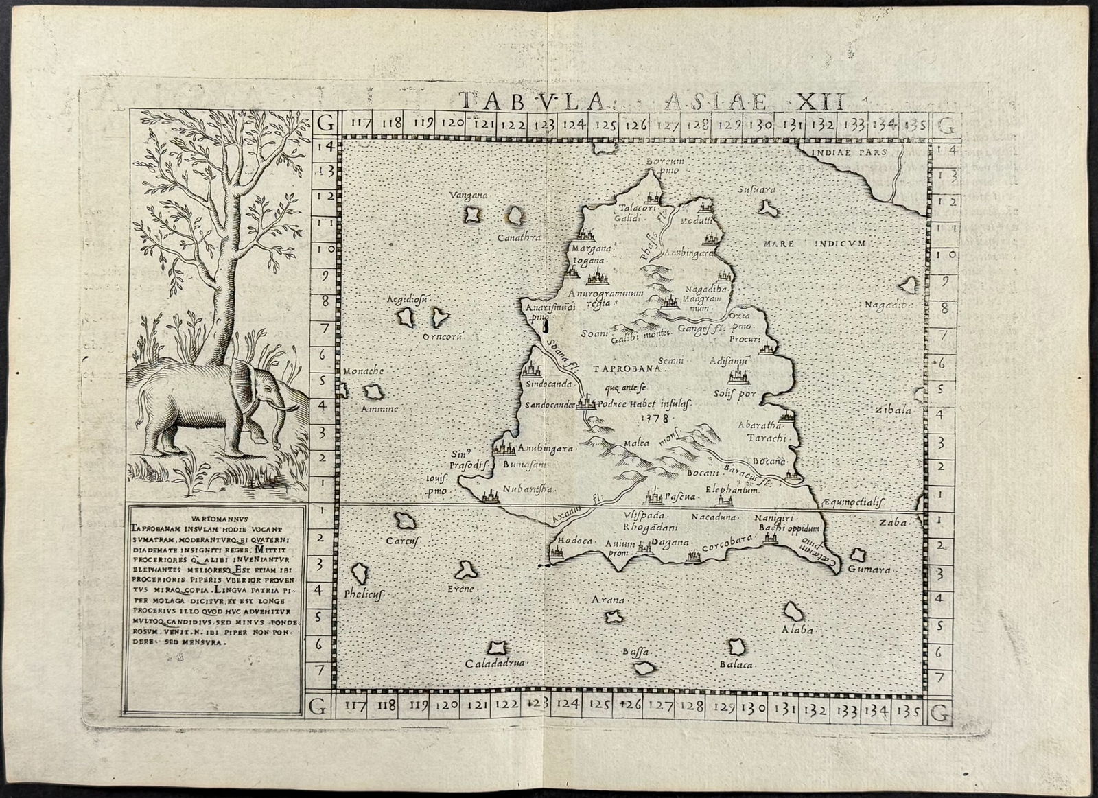 Ziletti's Ptolemy, pub. 1574 - Map of Taprobana, Island in Sumatra, with inset of Elephant: This engraved map is from Giordano Ziletti's La geografia di Claudio Tolomeo... tradotta di Greco in Italiano da G. Ruscelli: & hora in questa nuova editione da Gio. Malombra ricorretta. The work was