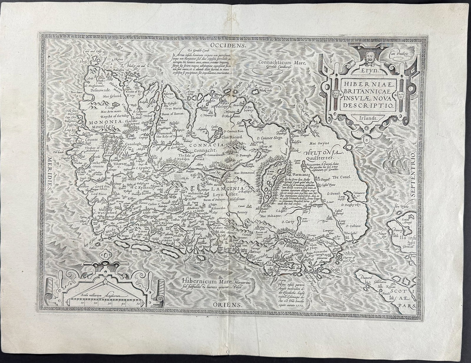 Ortelius, pub. 1613 - Map of Ireland: This stunning folio map is from Abraham Ortelius's Theatrum orbis terrarum. The work was published in Antwerp by Plantin dated 1598 in the colophon but published 1613. The maps have been described as