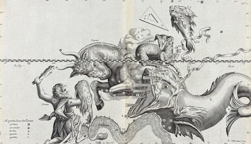 Lubieniecki - Constellation or Celestial Chart with Comets (Taurus, Orio, Aries, Pisces, Balaena)