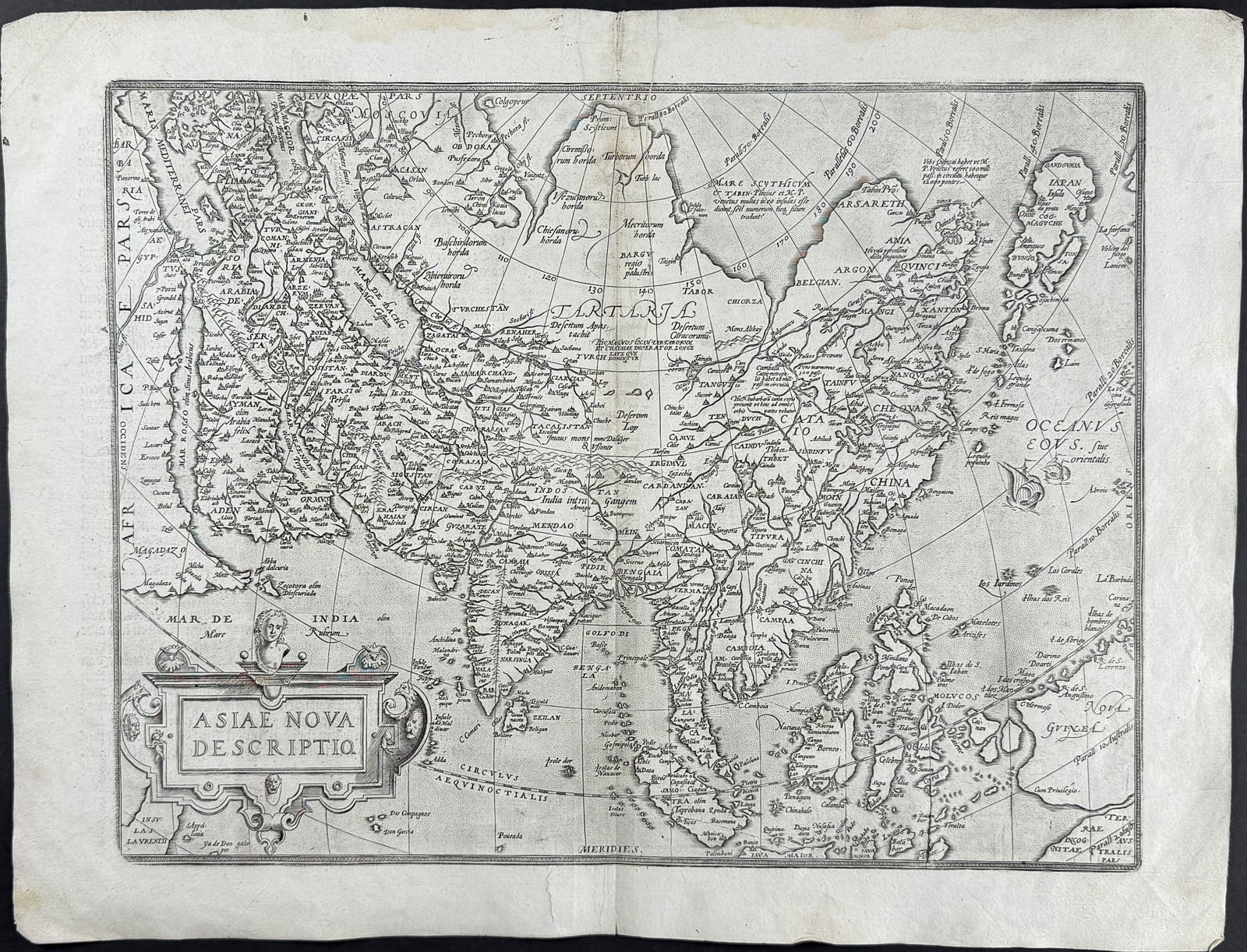 Ortelius, pub. 1613 - Map of Asia: This stunning folio map is from Abraham Ortelius's Theatrum orbis terrarum. The work was published in Antwerp by Plantin dated 1598 in the colophon but published 1613. The maps have been described as