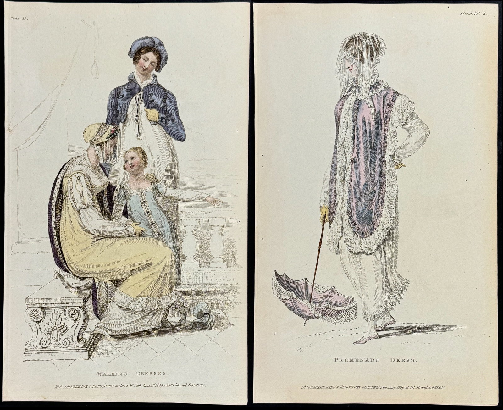 Ackermann - 10 Fashionable Dress Engravings: This originally hand-colored aquatint engraving is from Rudolph Ackermann?s Repository of Arts, Literature, Commerce, Manufacturers, Fashions, and Politics. The work was published in London between 18
