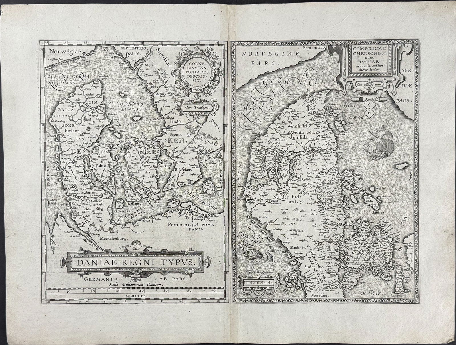 Ortelius, pub. 1613 - Map of Denmark & Jutland: This stunning folio map is from Abraham Ortelius's Theatrum orbis terrarum. The work was published in Antwerp by Plantin dated 1598 in the colophon but published 1613. The maps have been described as