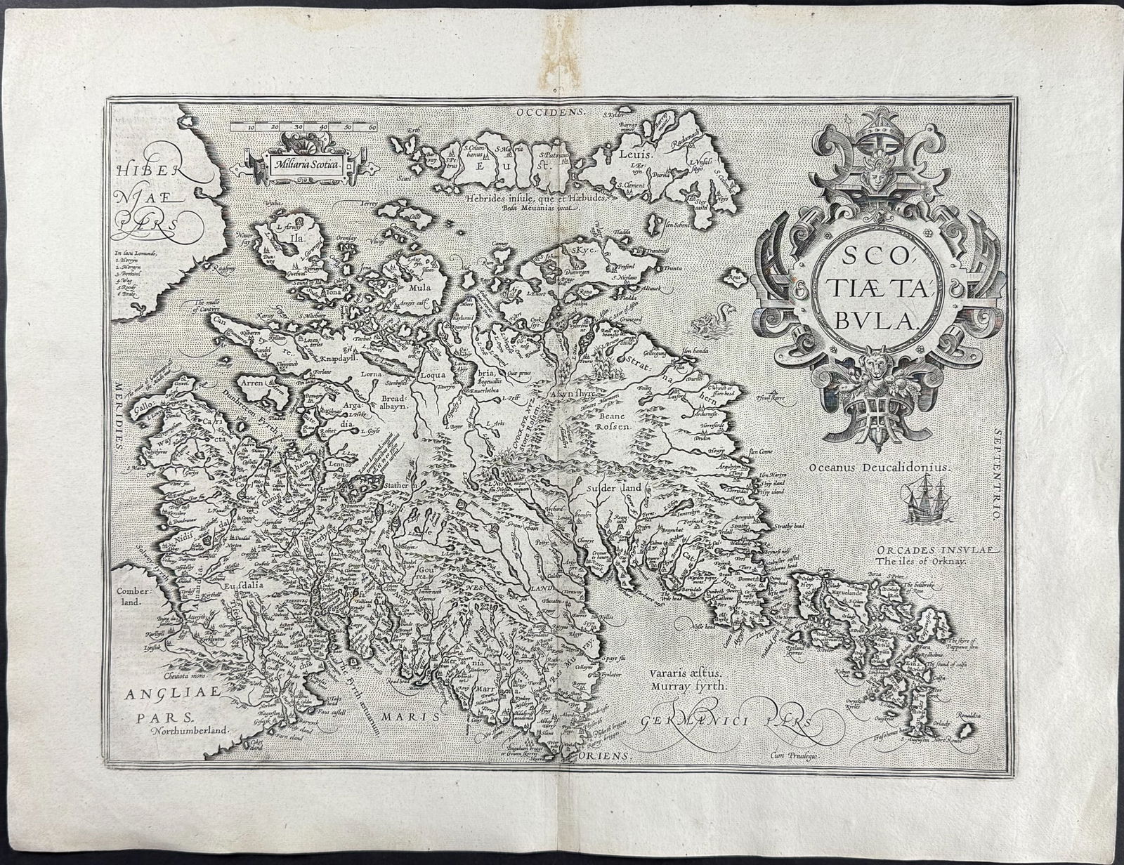Ortelius, pub. 1613 - Map of Scotland: This stunning folio map is from Abraham Ortelius's Theatrum orbis terrarum. The work was published in Antwerp by Plantin dated 1598 in the colophon but published 1613. The maps have been described as