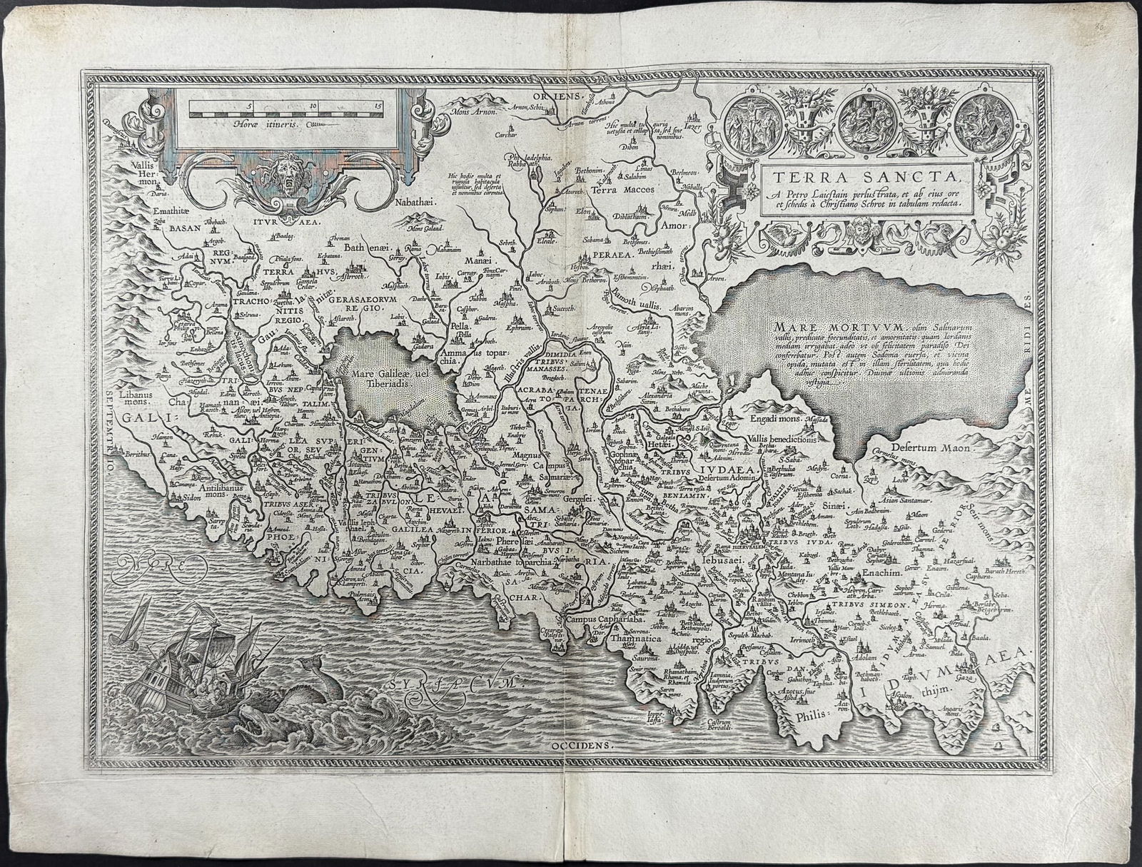 Ortelius, pub. 1613 - Map of the Holy Land: This stunning folio map is from Abraham Ortelius's Theatrum orbis terrarum. The work was published in Antwerp by Plantin dated 1598 in the colophon but published 1613. The maps have been described as