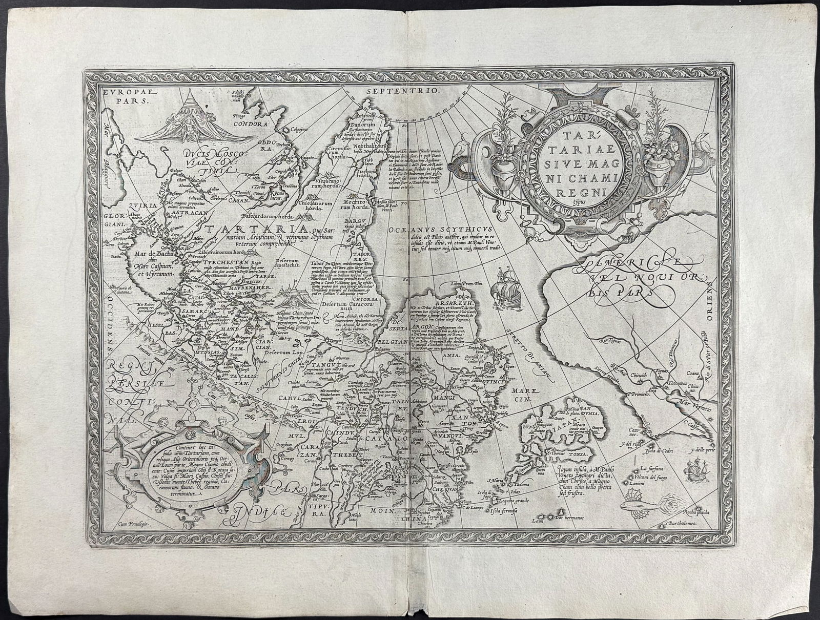 Ortelius, pub. 1613 - Map of Tartary (Northeast Asia with Japan and part of the northwest America): This stunning folio map is from Abraham Ortelius's Theatrum orbis terrarum. The work was published in Antwerp by Plantin dated 1598 in the colophon but published 1613. The maps have been described as