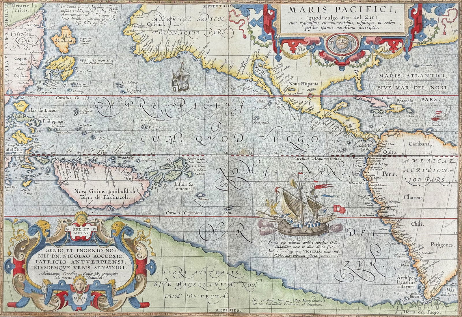 Ortelius, pub. 1613 - First Printed Map of the Pacific (South Sea) with Americas, part of Asia, New: This stunning folio map is from Abraham Ortelius's Theatrum orbis terrarum. The work was published in Antwerp by Plantin dated 1598 in the colophon but published 1613. The maps have been described as