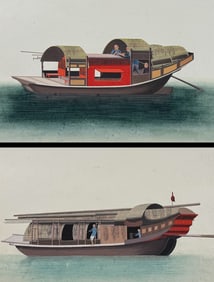 Pair of Original Watercolors of Chinese Boat or Junk