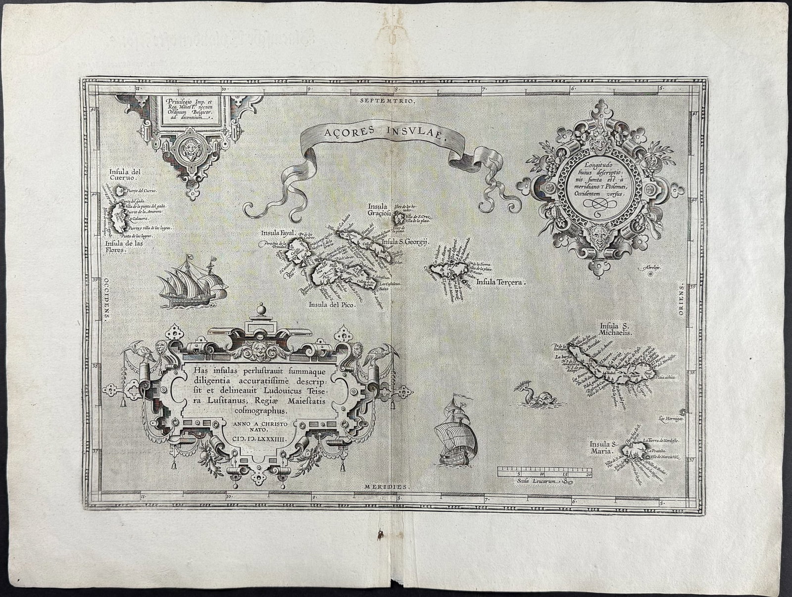 Ortelius, pub. 1613 - Map of Azores Islands: This stunning folio map is from Abraham Ortelius's Theatrum orbis terrarum. The work was published in Antwerp by Plantin dated 1598 in the colophon but published 1613. The maps have been described as