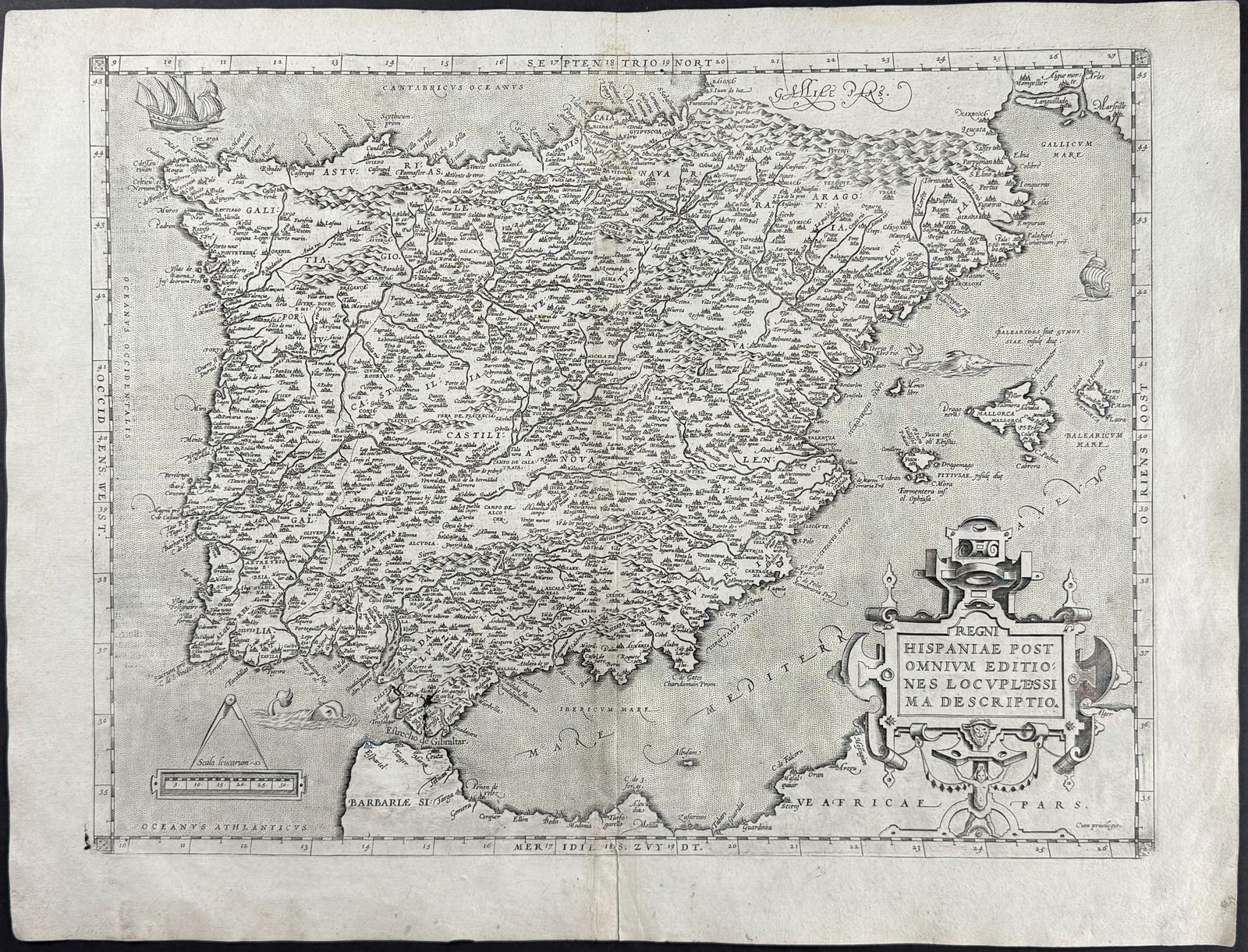 Ortelius, pub. 1613 - Map of Spain & Portugal: This stunning folio map is from Abraham Ortelius's Theatrum orbis terrarum. The work was published in Antwerp by Plantin dated 1598 in the colophon but published 1613. The maps have been described as