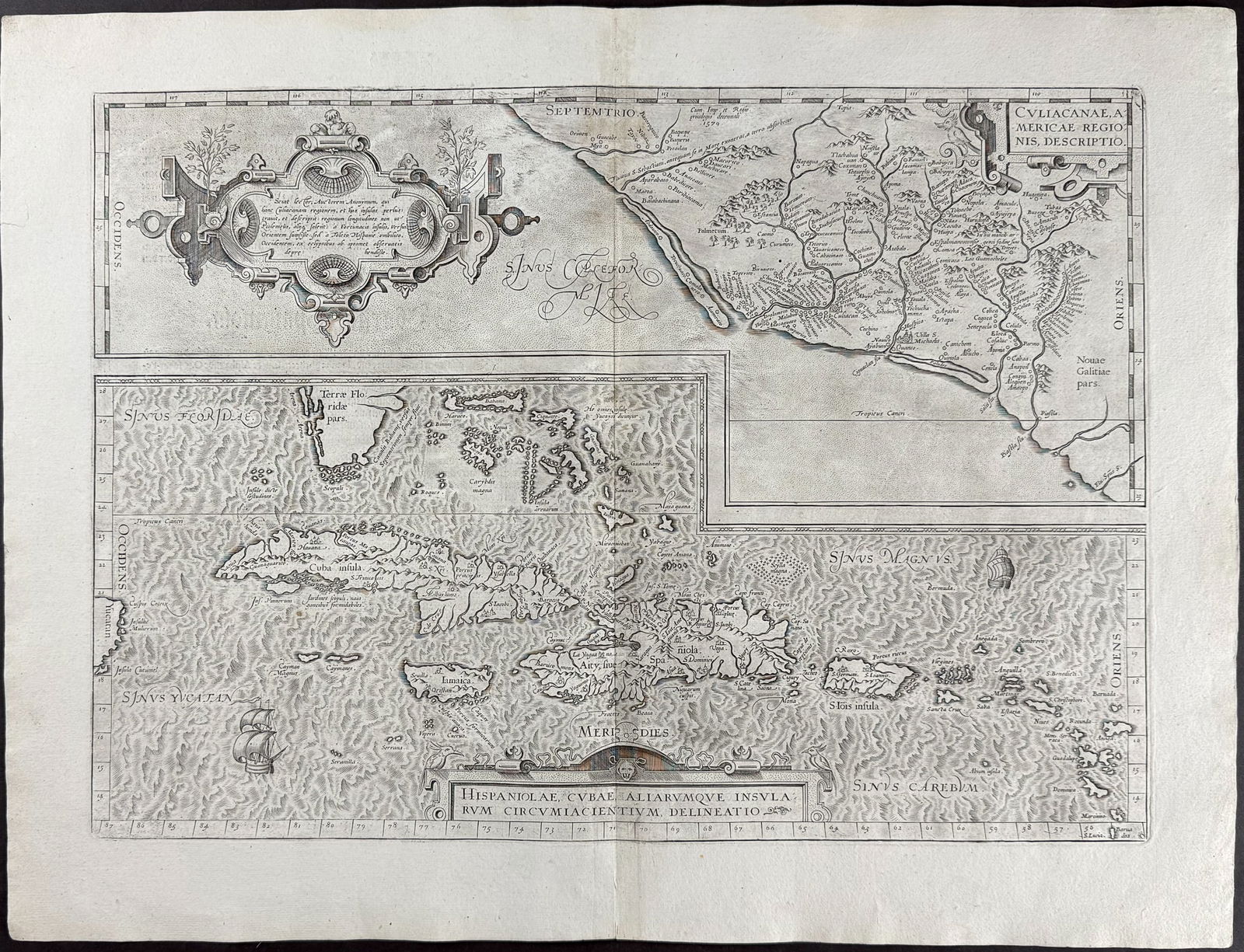 Ortelius, pub. 1613 - Map of Cuba Hispaniola, Jamaica (West Indies, part of Florida), and Southeast: This stunning folio map is from Abraham Ortelius's Theatrum orbis terrarum. The work was published in Antwerp by Plantin dated 1598 in the colophon but published 1613. The maps have been described as