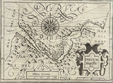 Purchas, pub. 1625 - Hondius's Map of the Magellan Strait, South America