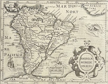 Purchas, pub. 1625 - Hondius's Map of South America with part of Africa and Terra Australias