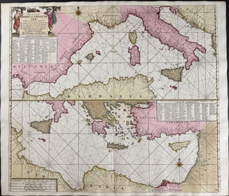 Van Keulen, Rare - Chart of the Meditteranean with part of Spain, Italy, Barbary, Turkey, Egypt,