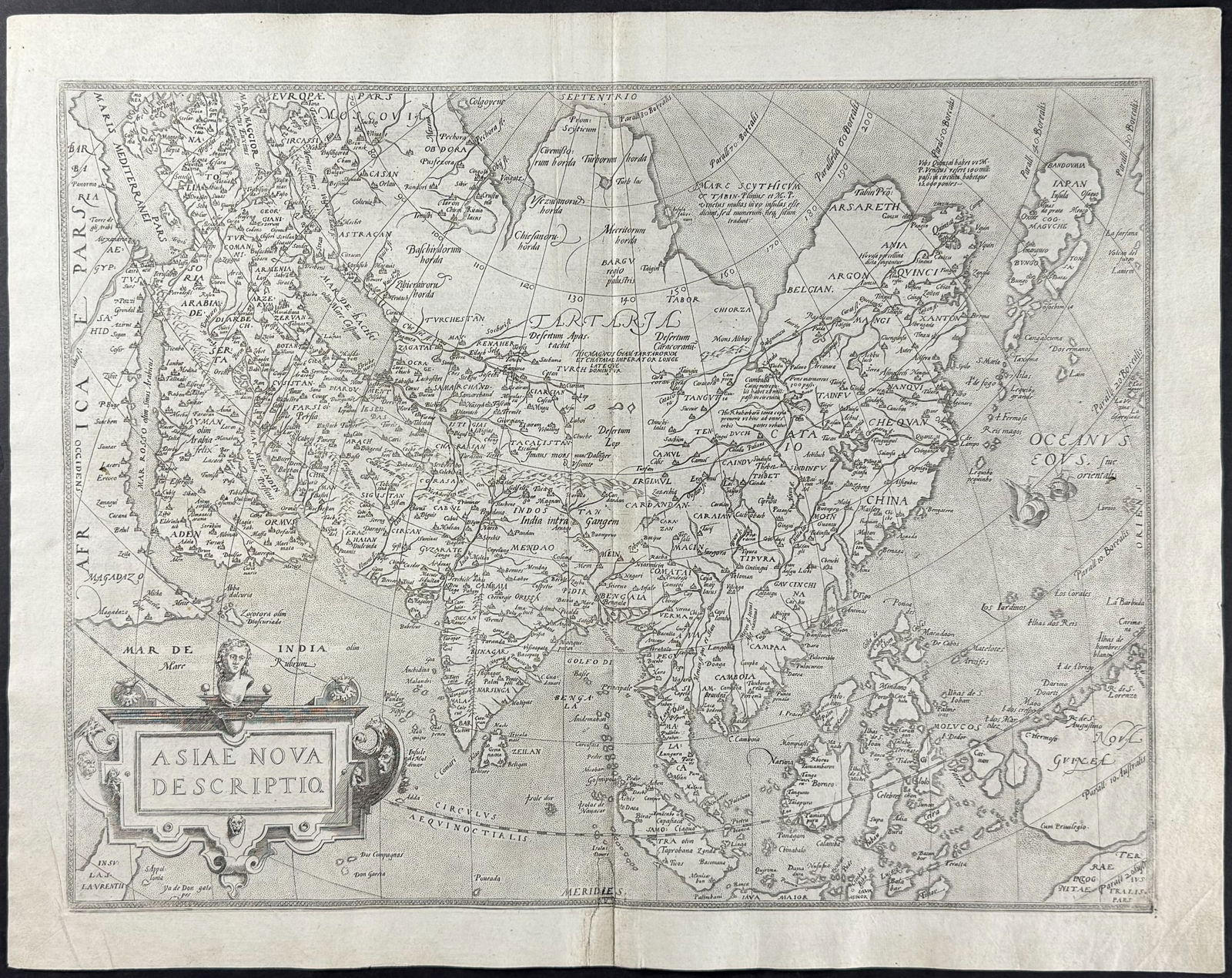 Ortelius, pub. 1613 - Map of Asia: This stunning folio map is from Abraham Ortelius's Theatrum orbis terrarum. The work was published in Antwerp by Plantin dated 1598 in the colophon but published 1613. The maps have been described as