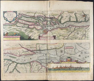 Mercator & Hondius, pub. 1634 - Chart of Albis River and view of Hamburg, Germany